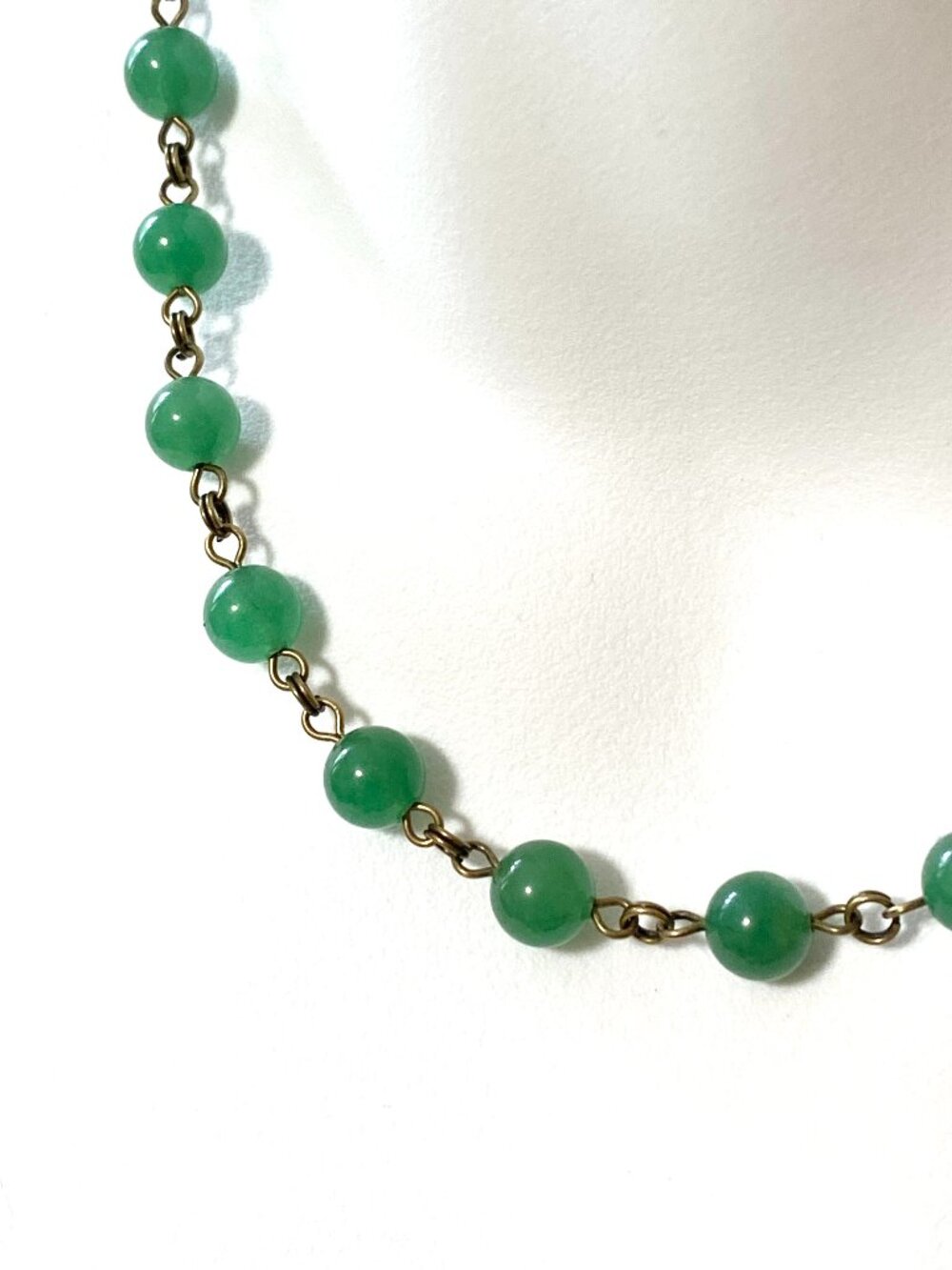Natural Green Chalcedony Short Necklace, Genuine Gemstone & Bronze Links
